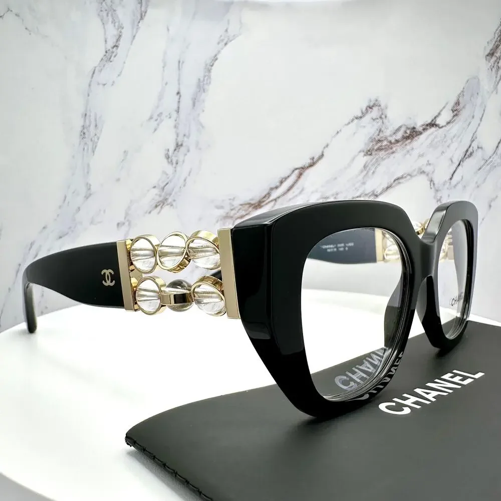 New CHANEL Eyeglasses Black Gold Cat Eye Clear Rotating Pearls 52mm - Picture 4 of 15